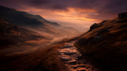 Winding Mountain Path Through a Misty Valley at Golden Sunset