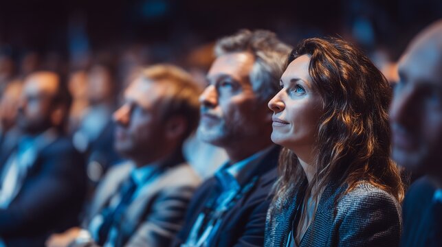 Professionals engage in discussion at a conference in a large hall during the afternoon session
