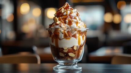 10.Gourmet dessert cup filled with almond ice cream layered with caramel shards, glossy highlights emphasizing richness, photographed in warm cafÃ© ambiance