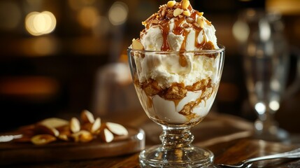10.Gourmet dessert cup filled with almond ice cream layered with caramel shards, glossy highlights emphasizing richness, photographed in warm cafÃ© ambiance