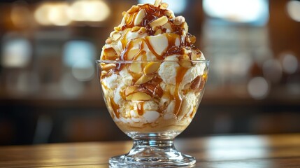 10.Gourmet dessert cup filled with almond ice cream layered with caramel shards, glossy highlights emphasizing richness, photographed in warm cafÃ© ambiance