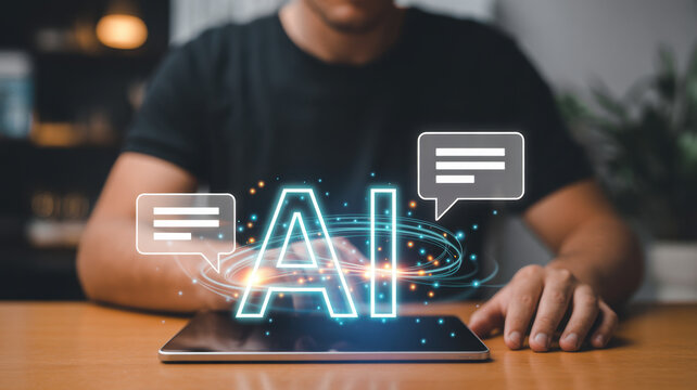 Technology specialist operates artificial intelligence system with interactive chatbot interface, enabling real time analytics, smart automation, machine learning integration, transformation strategy