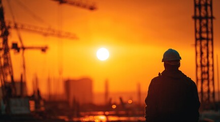 Fototapeta premium A silhouette of a worker in a hard hat admires a vibrant sunset behind construction cranes, symbolizing the merging of industry and natural beauty.