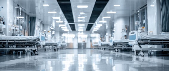 Obraz premium A modern, sterile hospital corridor lined with empty patient beds and medical equipment, emphasizing a clinical atmosphere.