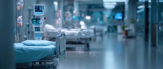 A sterile hospital corridor featuring hospital beds and medical equipment, conveying a sense of clinical care and urgency.