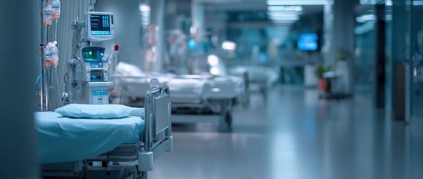 A sterile hospital corridor featuring hospital beds and medical equipment, conveying a sense of clinical care and urgency.