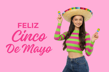 Obraz premium Young woman joyfully celebrates Cinco de Mayo