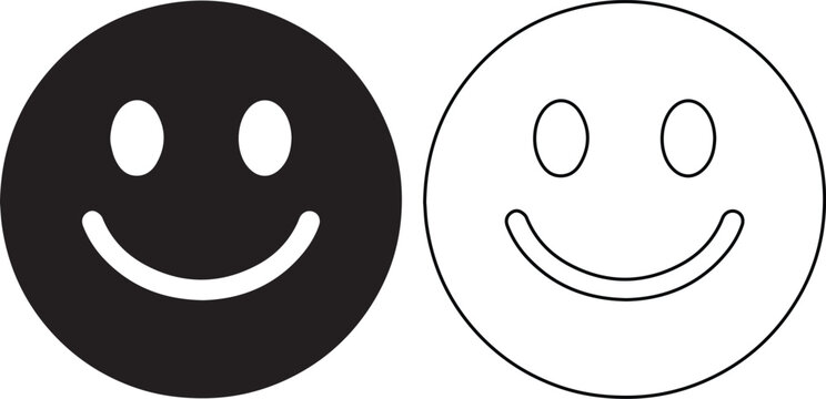 Minimalist smiley face vector icons in solid black silhouette and thin line art style, perfect for expressing happiness, positive feedback, and customer satisfaction in modern web design.