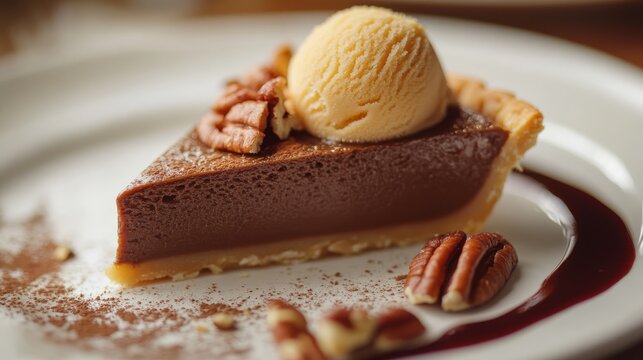 27.Close-up of pumpkin tart slice with rich chocolate spice filling, topped with buttered pecans, paired with a quenelle of beurre noisette ice cream, artistic food styling