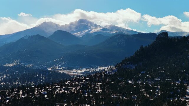Estes Park Longs Peak Rocky Mountains National Park entrance mountain town Colorado aerial drone landscape fresh snow clouds blue sky sunny cold winter morning neighborhood homes forward upwards