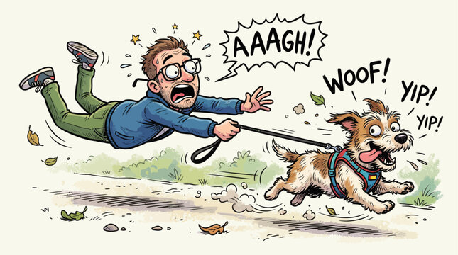 Funny Cartoon Dog Pulling Owner on Leash Chaotic Dog Walk Illustration