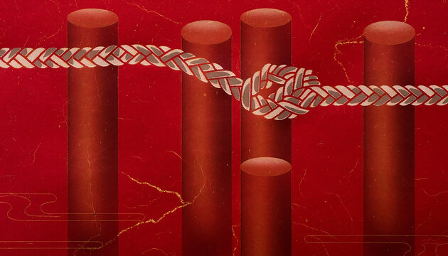 Traditional Japanese Red Background with Braided Rope and Pillars Generative AI