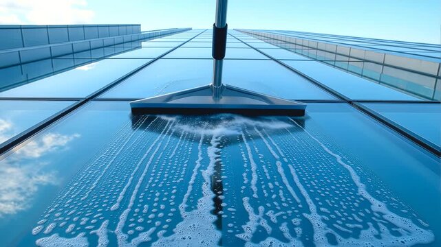 Extreme low angle view captures a professional squeegee tool actively washing soap suds across large reflective glass panels on a modern skyscraper facade under a bright blue sky.