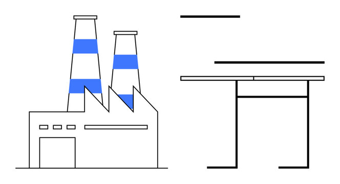 Energy production, supply chains, industrial design, infrastructure planning, manufacturing, environmental impact. Two industrial chimneys and infrastructure elements. Energy production and supply