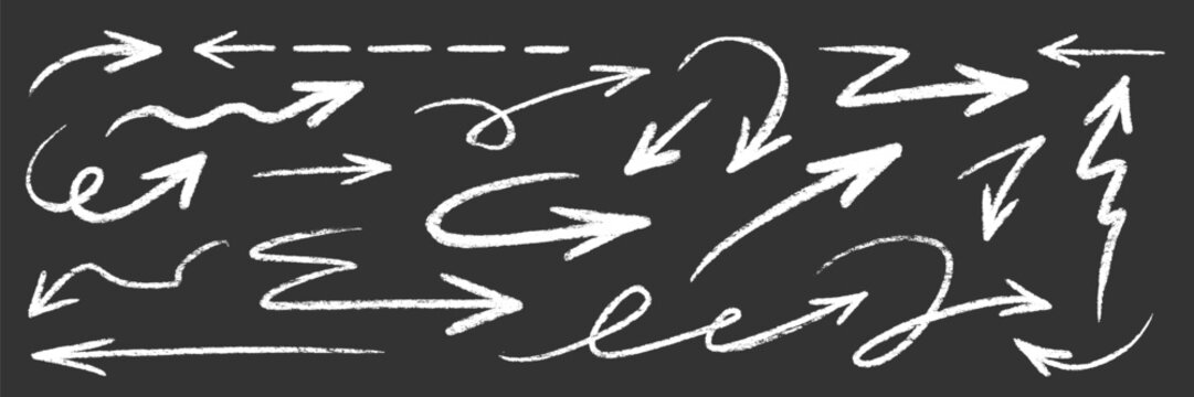 Arrow brush chalk set on blackboard. Arrow line hand drawn stroke with chalk marker crayon on chalkboard. Rough scribble doodle curve swirl underline dash kid fun texture. Vector illustration