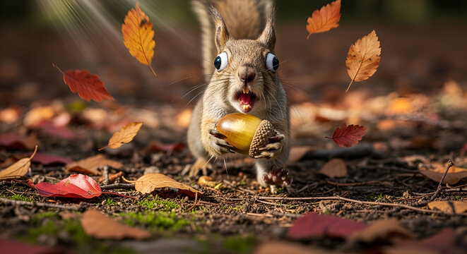 Crazy squirrel cartoon style character with acorn in autumn forest
