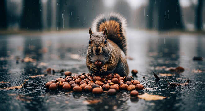 Crazy squirrel cartoon style hoarding nuts on a rainy road