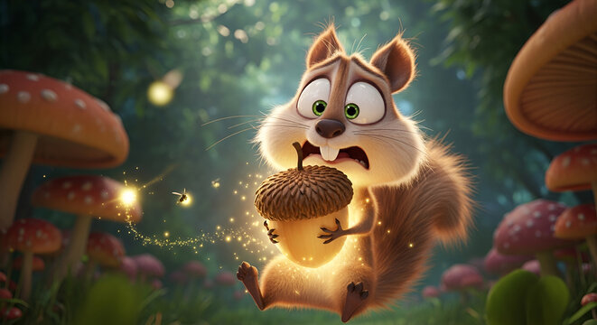 Crazy squirrel cartoon character holding a glowing acorn in a forest