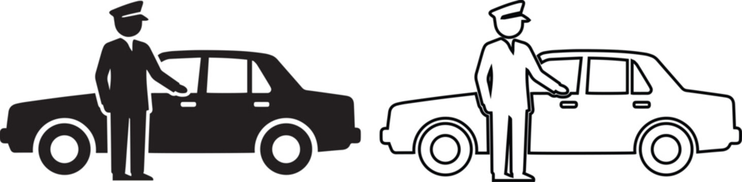 Professional chauffeur and valet service vector illustration featuring a black silhouette and line art of a driver opening a car door for luxury transport and travel concepts.