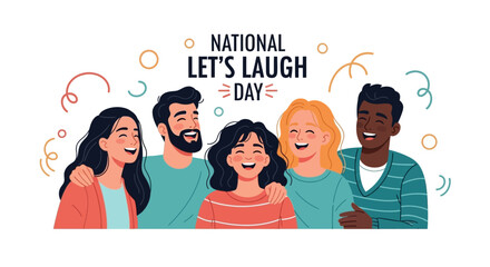 Naklejka premium Illustration of diverse people laughing together on National Let's Laugh Day with colorful confetti and swirls, conveying joy and happiness in a vibrant, flat design.