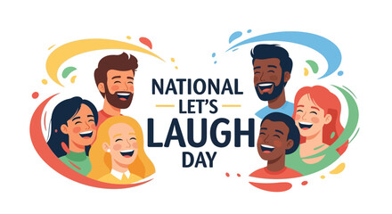 Fototapeta premium Illustration of diverse people laughing together celebrating National Let's Laugh Day with colorful swirls and joyful expressions.