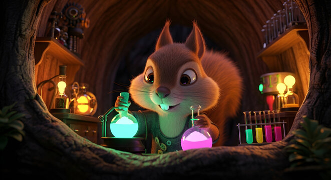 Crazy squirrel cartoon scientist in tree hollow laboratory