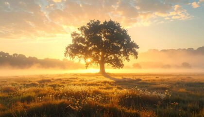 Fototapeta premium A serene landscape of a lone tree at sunrise in a foggy meadow