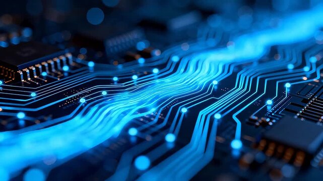 Electronic circuit board with blue glowing lines and bright nodes on dark background