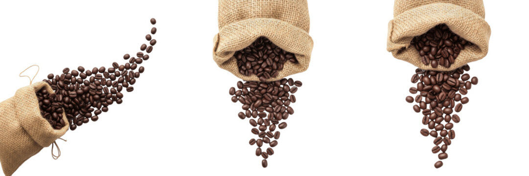 Roasted coffee beans spilling out of a rustic burlap sack on wooden background