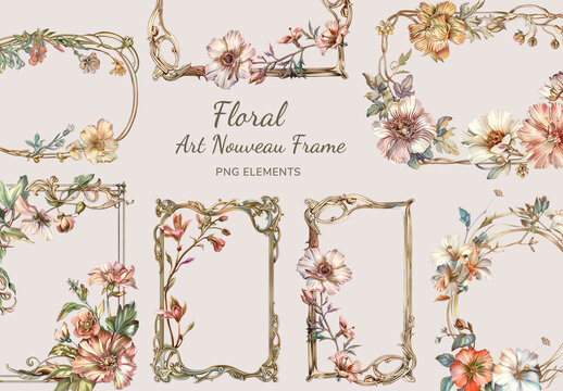 Elegant Art Nouveau Floral Frames Element Design Set
