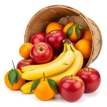 An illustration of a successful fruit harvest with a variety of fresh organic fruits in a rustic basket.