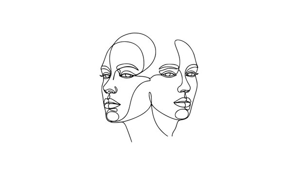 Minimal continuous one line drawing of two human faces abstract modern portrait vector design