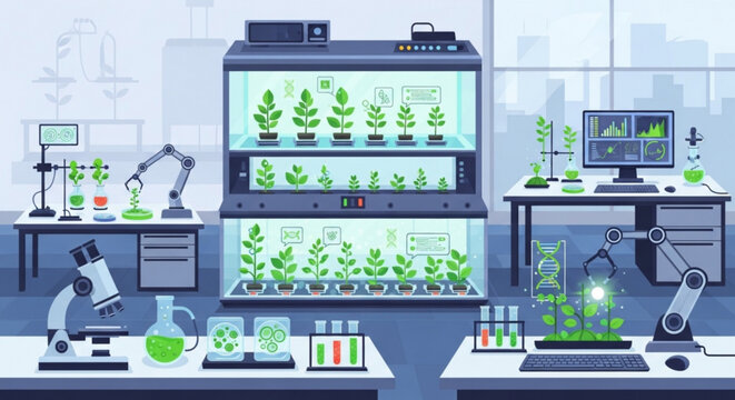 Indoor hydroponic laboratory with scientists working on plant growth and development using advanced technology and equipment