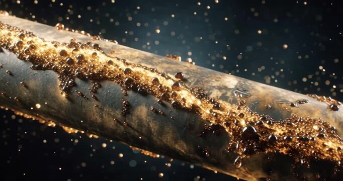 Extreme close-up of a heavily corroded and pitted metal pipe, showcasing severe rust degradation with airborne particles against a dark, industrial background