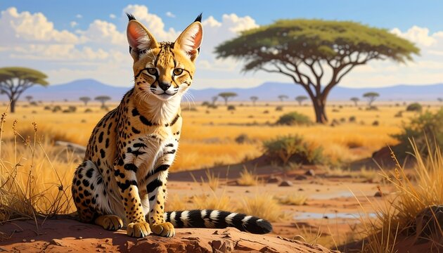A serval cat sitting on a rock in a savannah