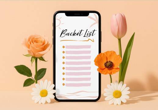 Floral Bucket List Inspiration On Phone Screen Mockup PSD