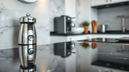 Fototapeta premium stainless. A sparkling clean kitchen counter with stainless steel appliances on black marble. lifestyle magazines, social media lookbooks, designed for lifestyle magazines and social media content.