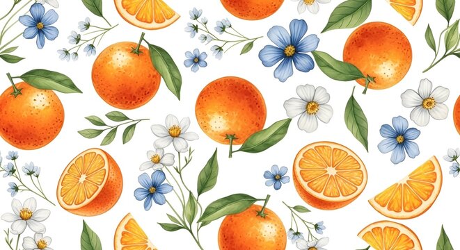 Seamless summer pattern featuring artistic abstract watercolor illustrations of vibrant orange citrus fruit with delicate white and blue wildflower blossoms on a clean elegant background.