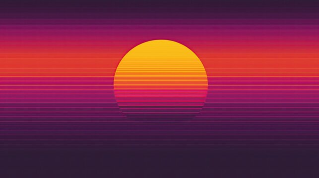 Retro synthwave sunset vector illustration with neon gradient sky, half sun on horizon and CRT scanline texture for vaporwave design background