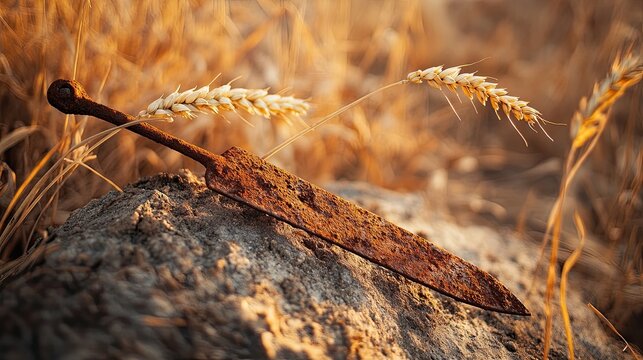 Rusty Sickle Lying on a Rock in a Golden Wheat Field at Sunset, Symbolizing Agricultural Harvest and Rural Life
