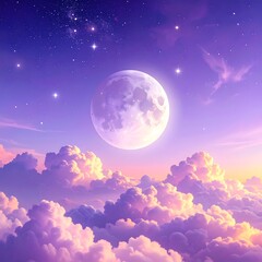 Fototapeta premium A serene night sky with a large moon shining through soft purple clouds