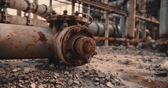 Extreme close-up on a heavily corroded industrial pipe with a rusty valve, showcasing the detailed texture of decay and abandonment in a desolate, forgotten factory setting