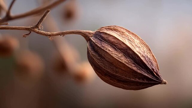 Dried Seed Pod Hanging from Branch.