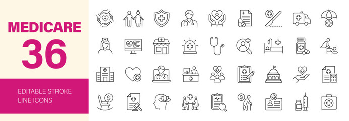 MEDICARE icon set. Editable line icons. Vector illustration.
