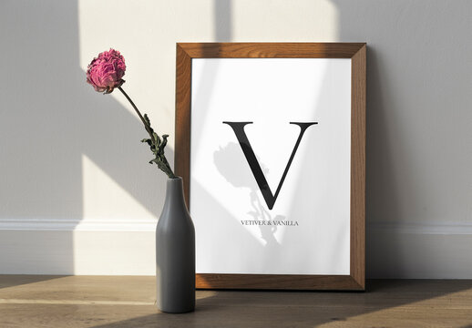 Minimalist Frame Mockup Art With Flower PSD