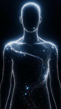 Luminescent torso swirling particle galaxy across chest, innermap visual evokes cellular networks and biometric flow, clinical gradient background, medtech mood blending diagnostic clarity