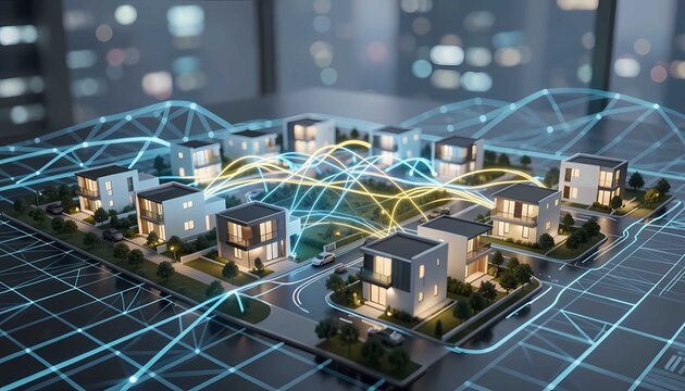 Futuristic smart housing community with digital network technology and illuminated architecture