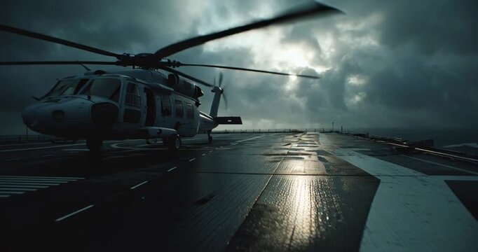 Modern military helicopter prepared for takeoff on a wet helideck under dramatic cloudy skies