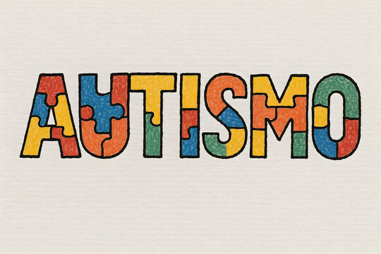 Texto de Autismo hecho de crayones con piezas de rompecabezas