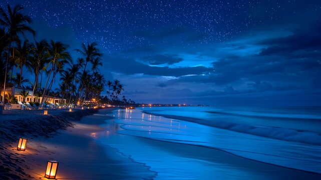 Night View of a Beach With Lights Along the Shore Generative AI